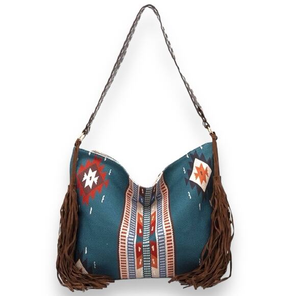 Southwestern Design Fringe Tassel Hobo Shoulder Bag Teal Blue Orange Tan Brown - Picture 2 of 6